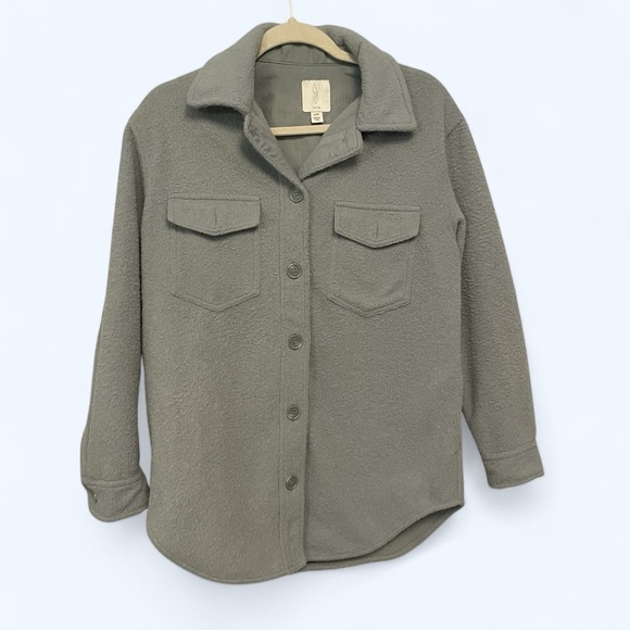 Joie Button Down Wooley Ladies Shacket, pockets, blue grey, Small, oversized - Picture 1 of 9